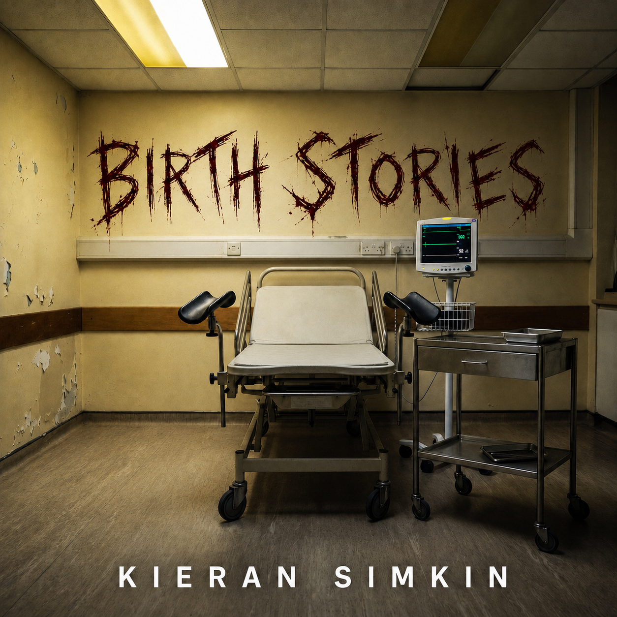 Birth Stories artwork: an empty, dimly lit hospital birthing room