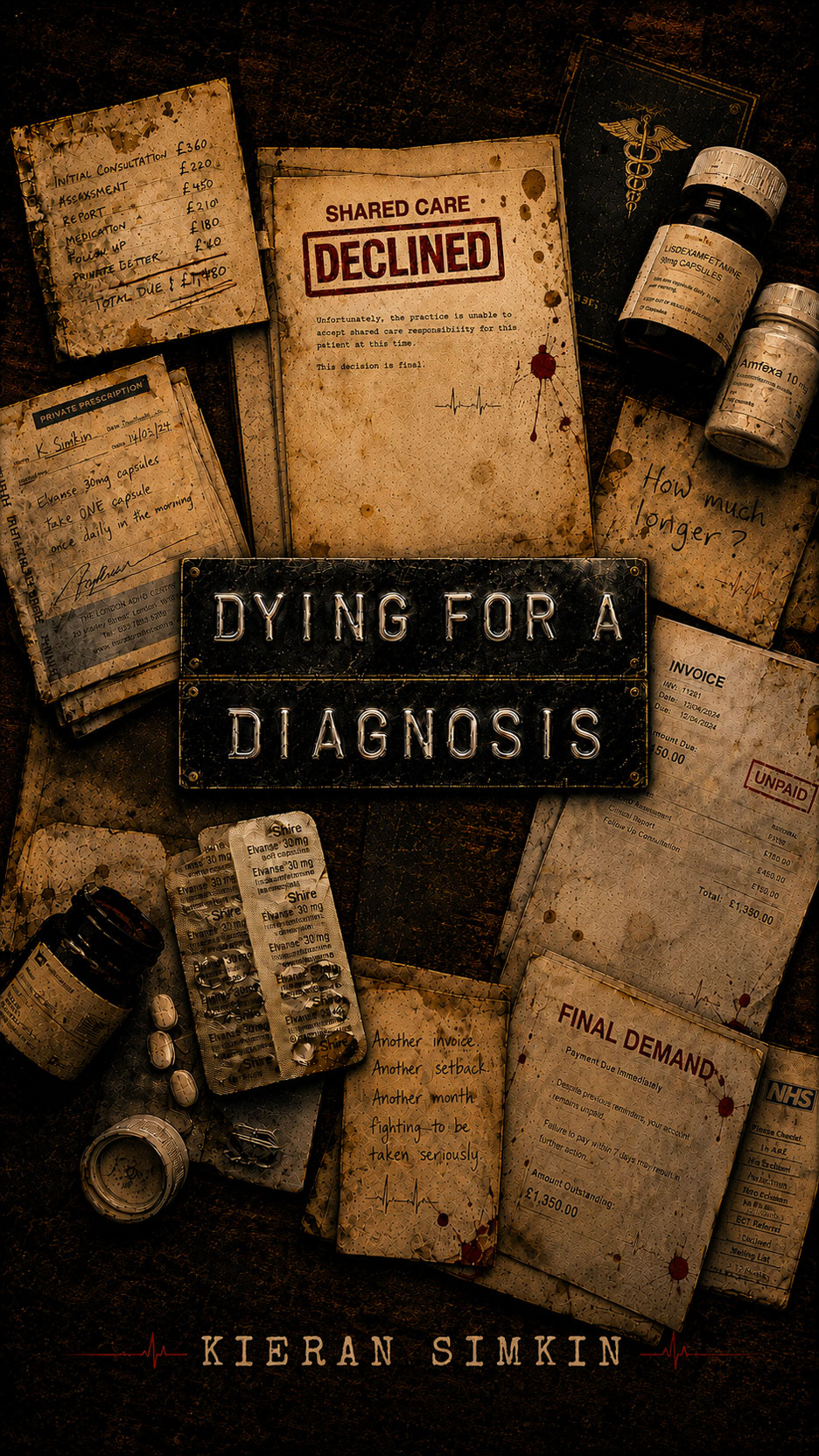 Dying for a Diagnosis vertical artwork with aged medical papers, medication packaging and a shared-care declined notice