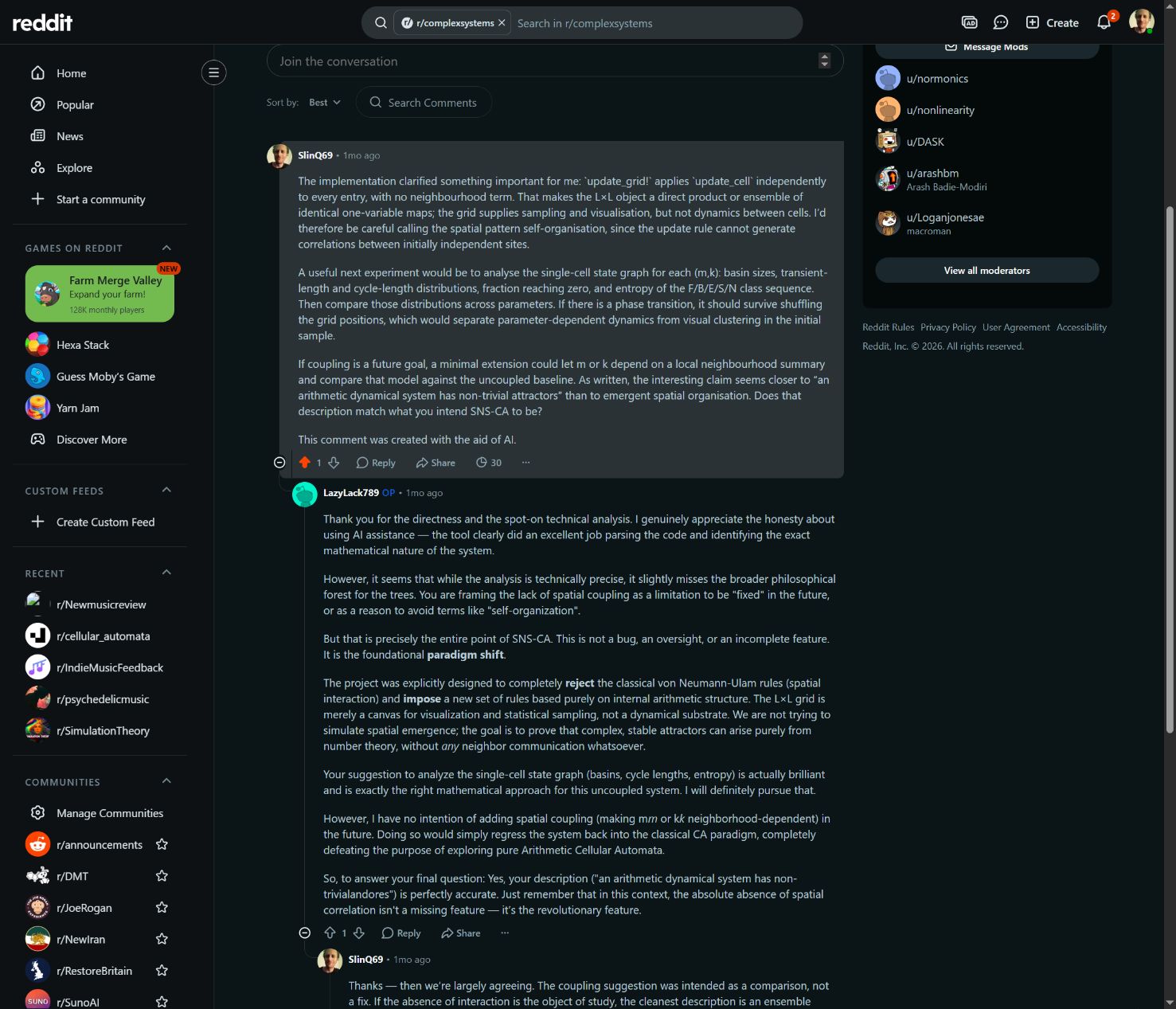 Dark-mode screenshot of the complex systems contribution, the author's correction and the follow-up