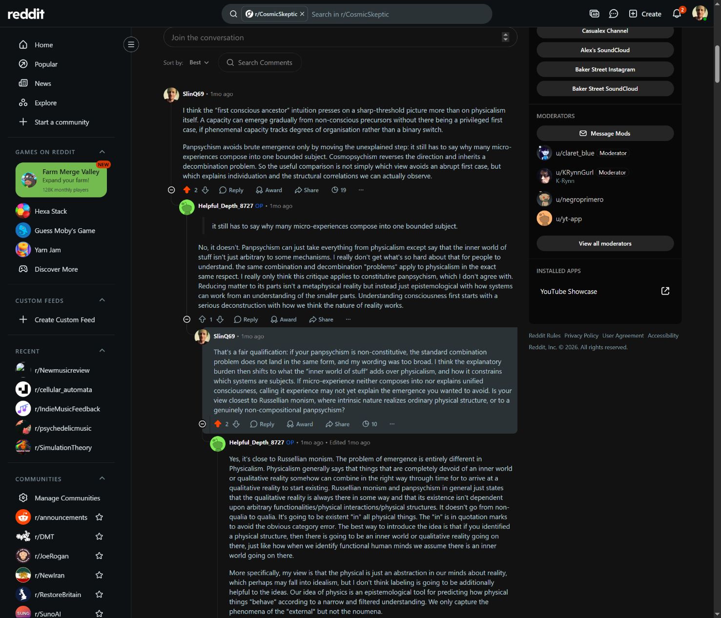Dark-mode screenshot of the CosmicSkeptic exchange about the scope of the combination problem