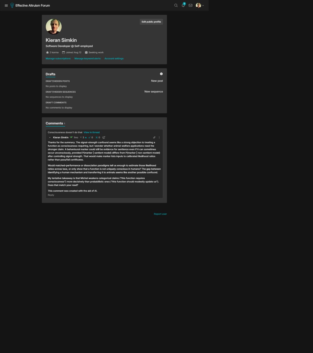 Dark-mode screenshot of Kieran Simkin's Effective Altruism Forum profile showing the confirmed portrait and selected contribution