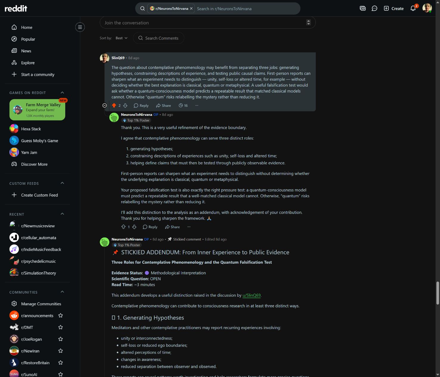 Dark-mode screenshot of the Neurons to Nirvana contribution, the original poster's reply and credited addendum