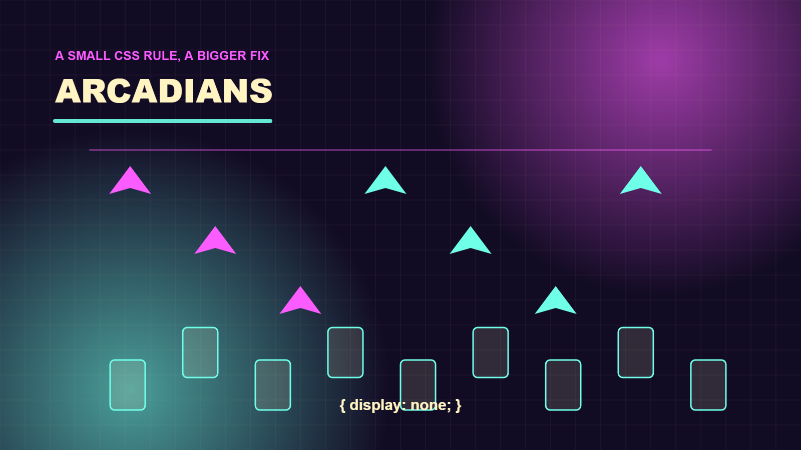 Arcade ships and stone blocks beside a CSS display rule, representing the Arcadians fallback repair.