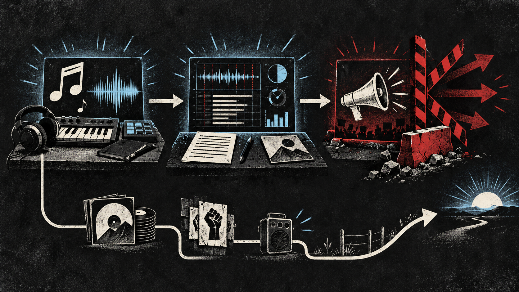 A three-stage music workflow showing creation and analysis continuing before a barrier blocks the promotional route, with a separate path continuing underneath.