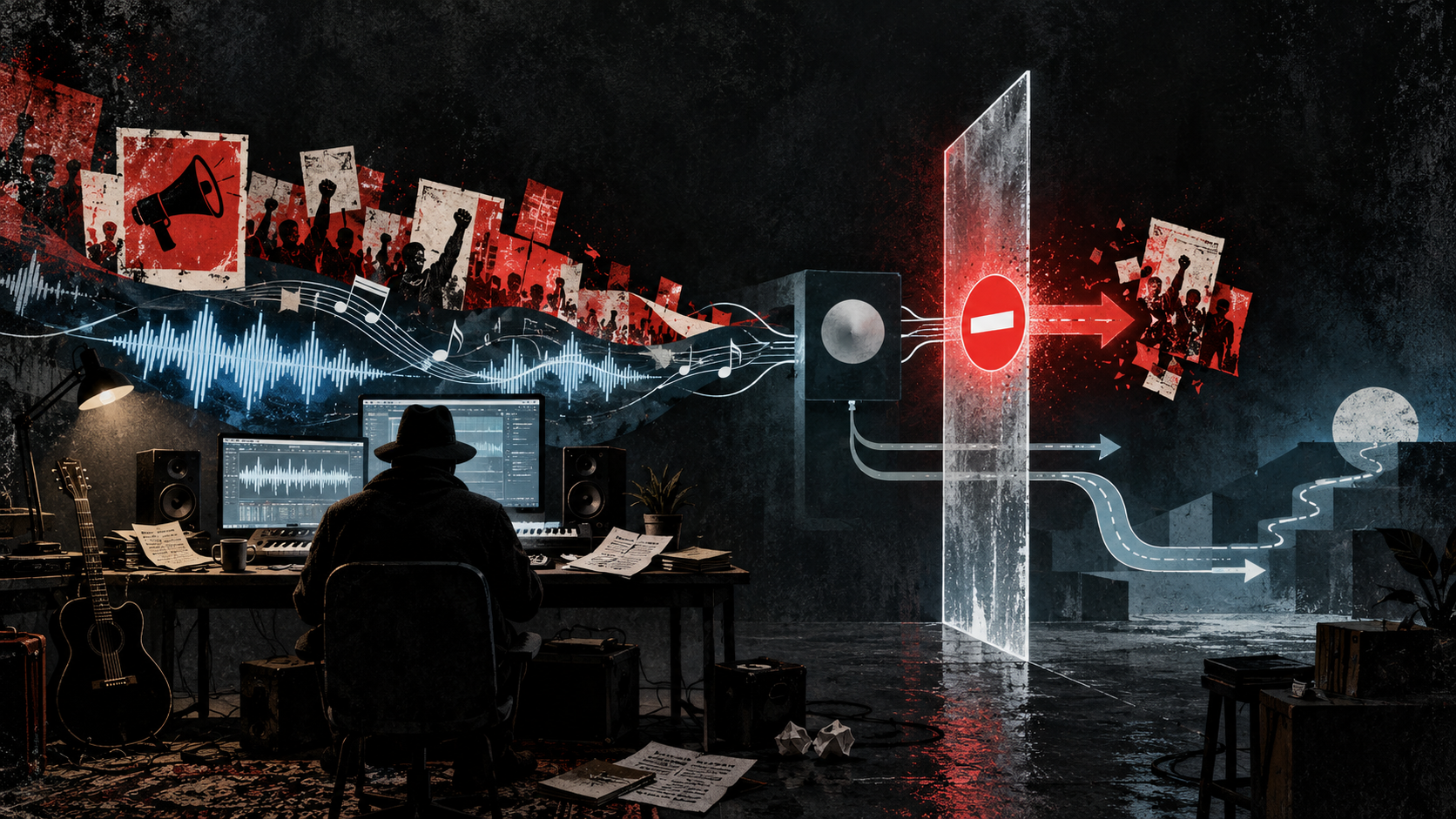 An anonymous musician at a desk facing a transparent barrier that blocks a red promotional route while a separate path continues around it.