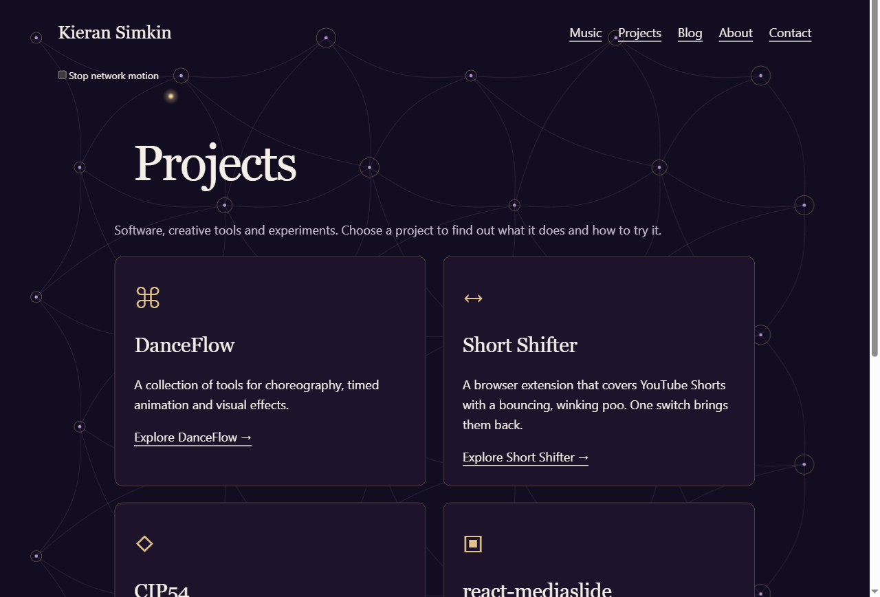 The projects directory uses plum cards, gold identifiers and a separate link for each project.
