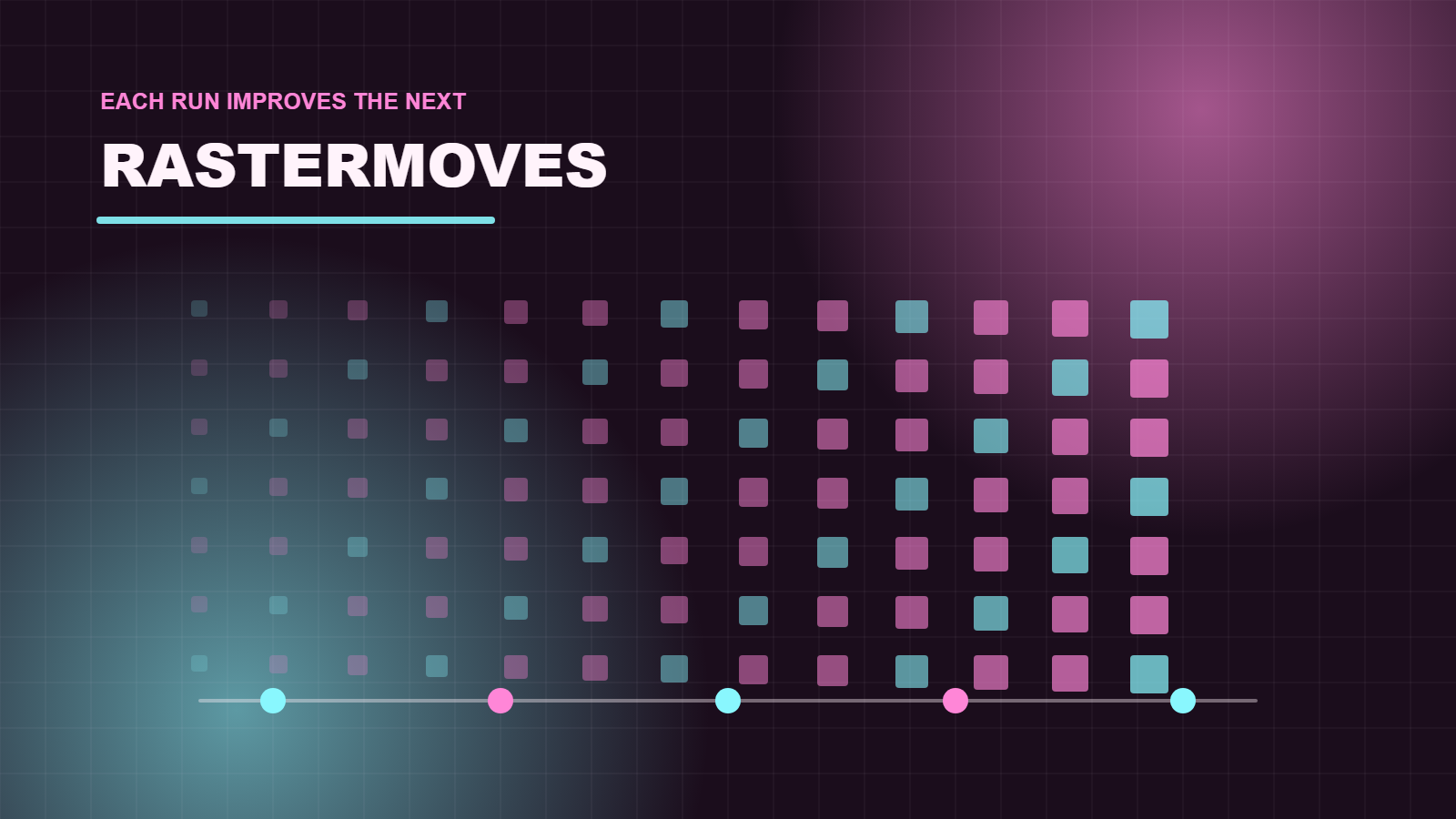 Growing grid of coloured pixels representing each RasterMoves run improving the next.