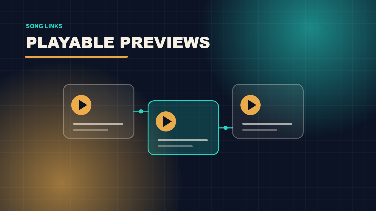 Abstract linked preview cards with play buttons representing song links becoming playable.