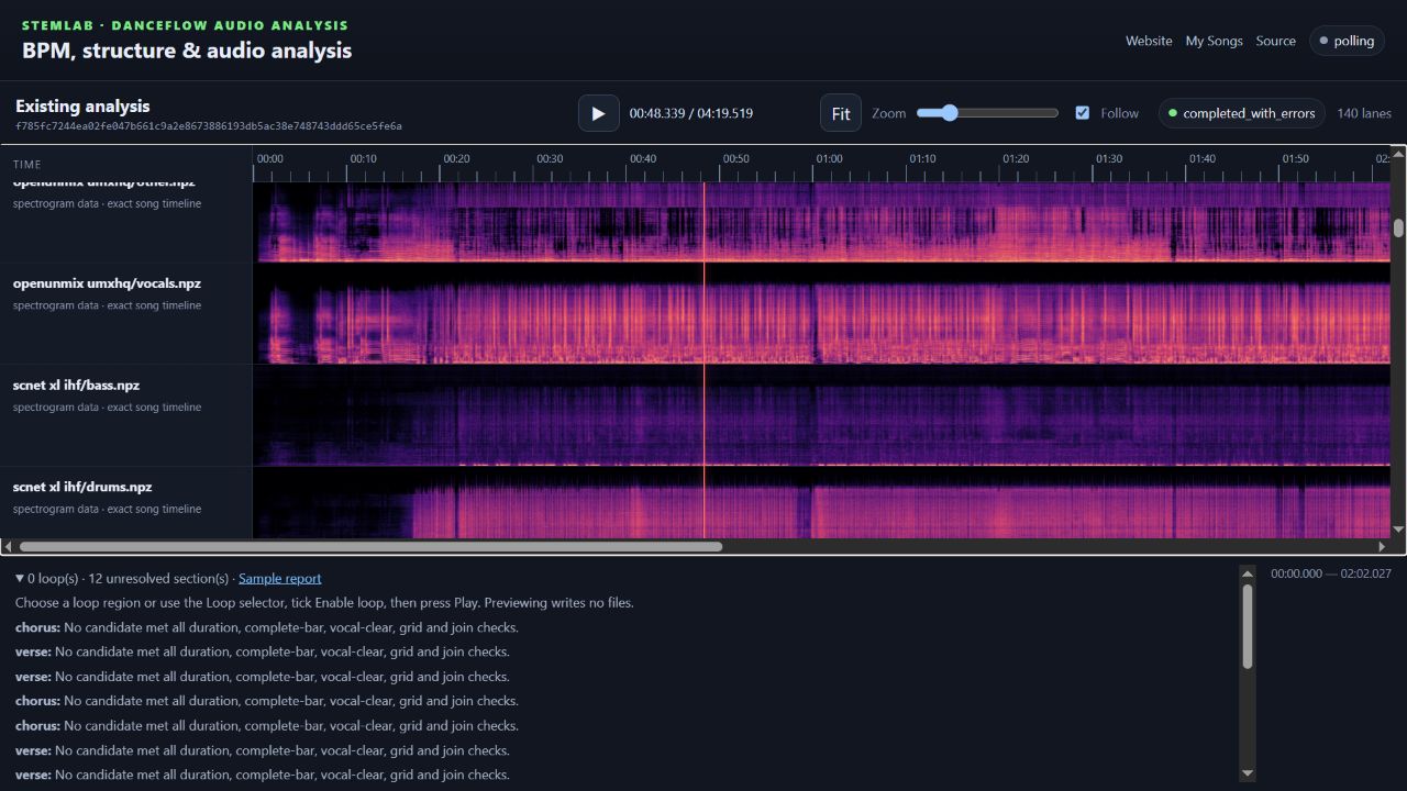 StemLab timeline scrolled into colourful spectrogram lanes for separated stems, all aligned to the same song clock