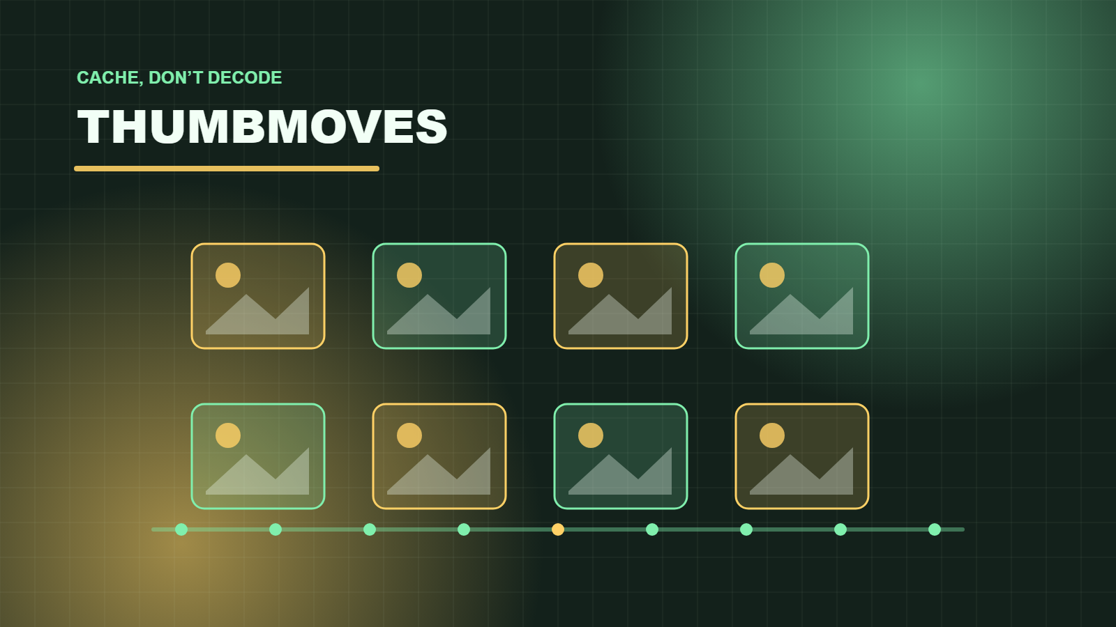 Grid of cached thumbnail tiles representing ThumbMoves returning previews without decoding source images.